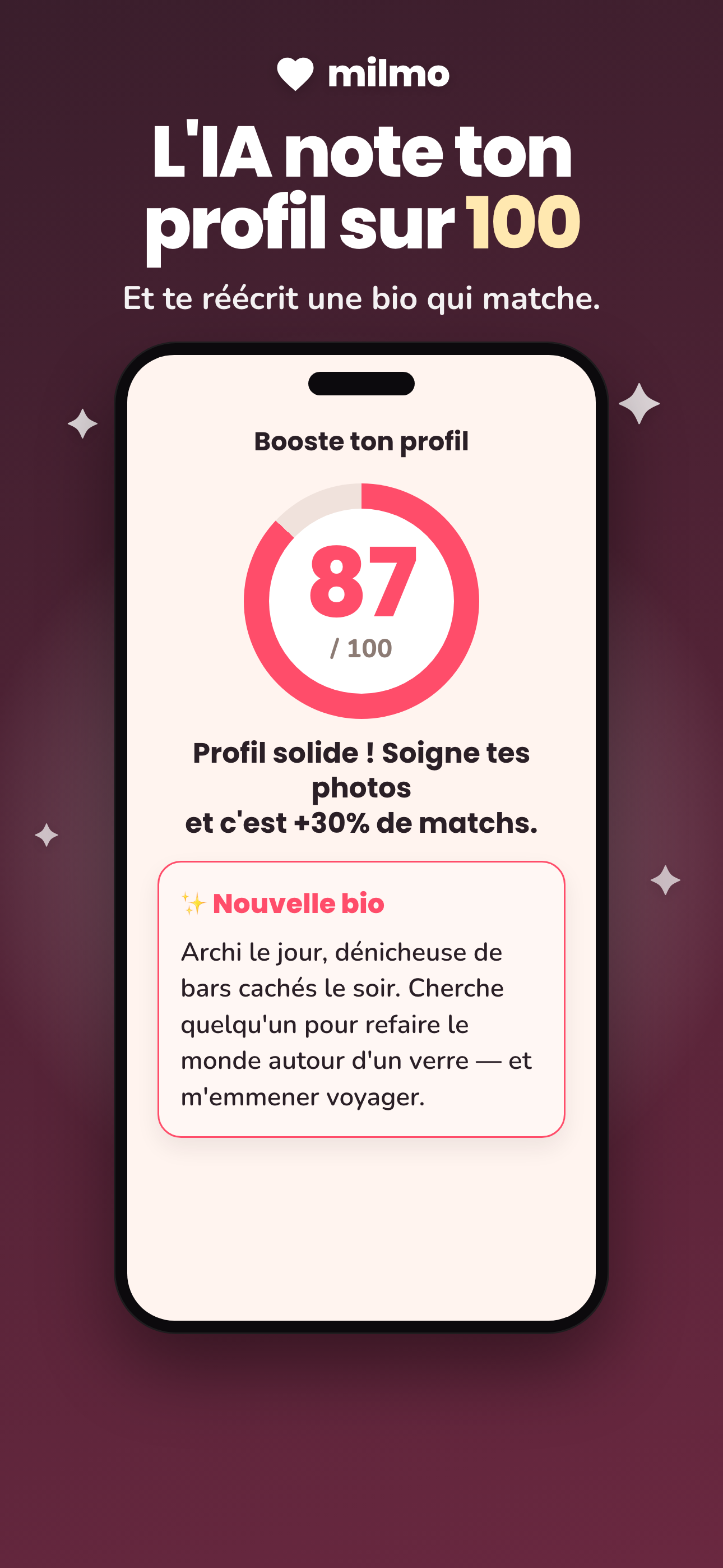 Écran Milmo : ton profil noté avec une nouvelle bio proposée par l'IA